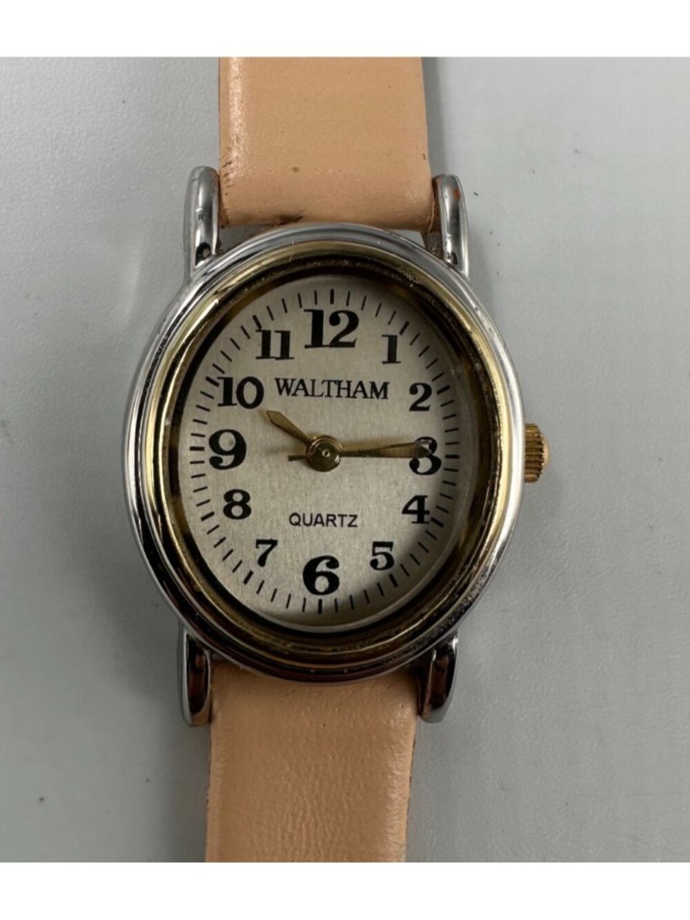 3/$30 Waltham Watch Women Silver Tone Oval Dial Beige Leather Band 8"